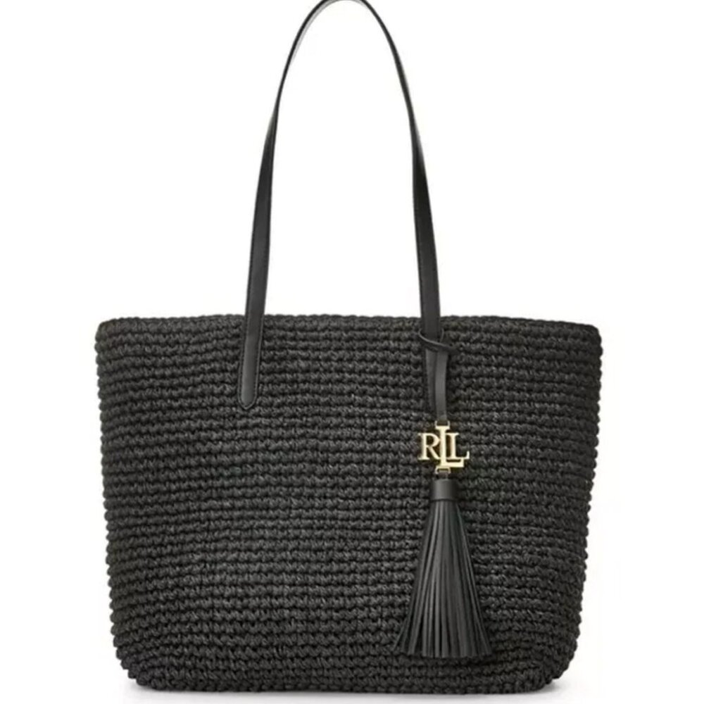 Ralph Lauren Straw Medium Whitney Tote Black